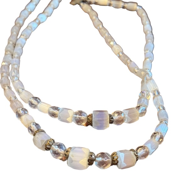 Vintage 1940s Clear CZECH cut crystal double bead necklace - Picture 3 of 5